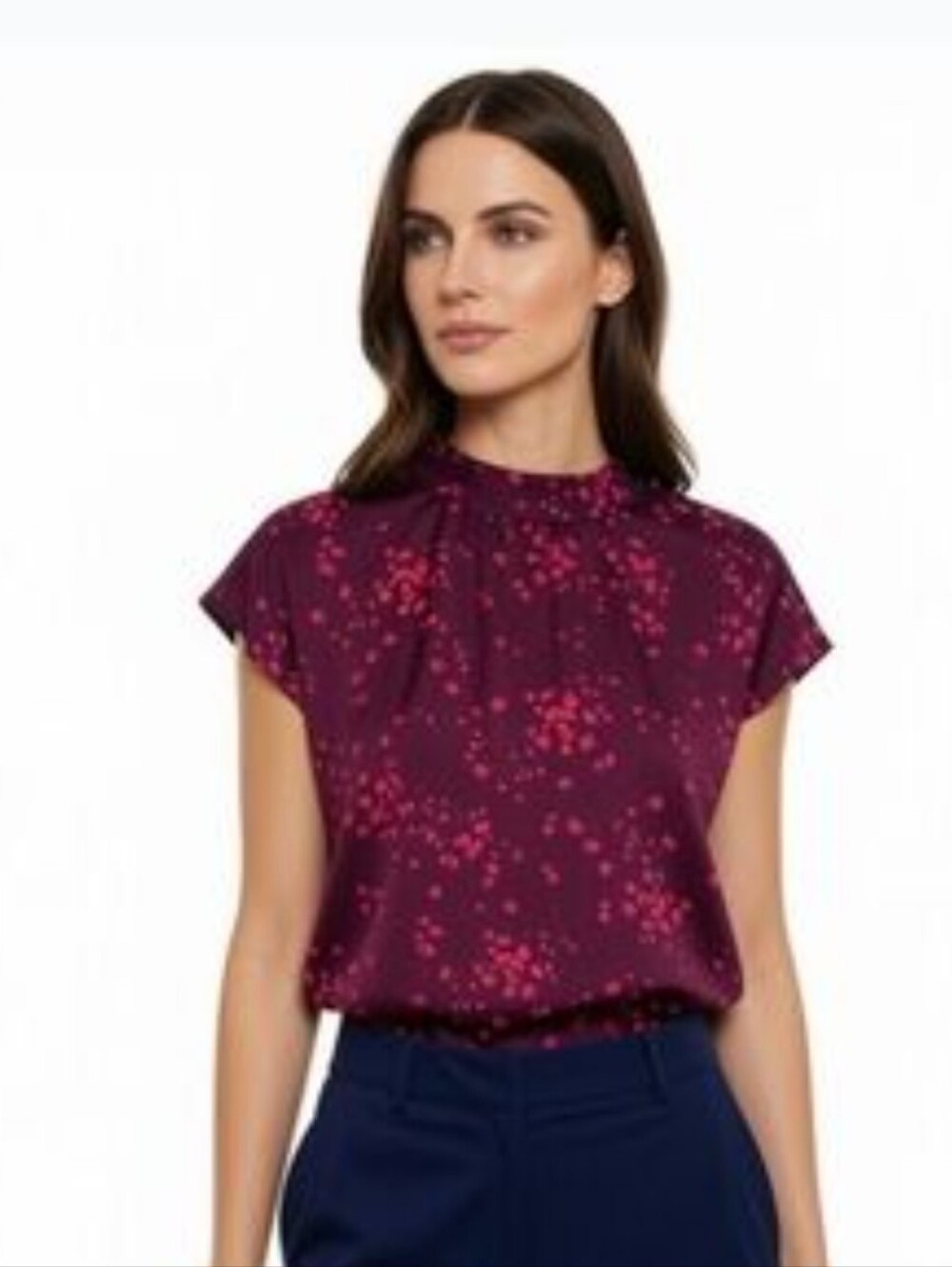 Ann Taylor Women’s Burgundy Floral Mock Neck Cap Sleeve Pleated Blouse L